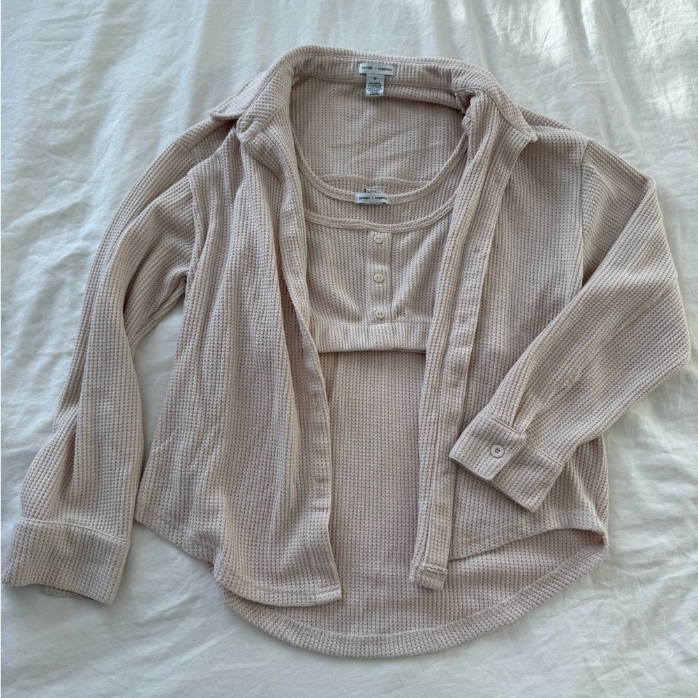 Beige Waffle Knit Button-Up Shirt and Tank Set